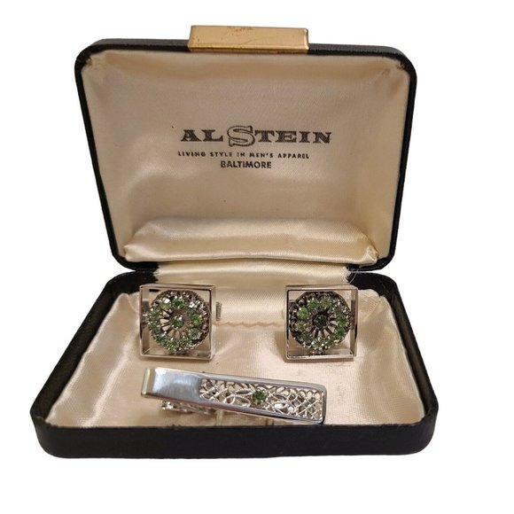 Stunning Vintage Cufflinks And Tie Pin Green Rhinestone Silvertone Alstein‎ Box - Picture 1 of 16